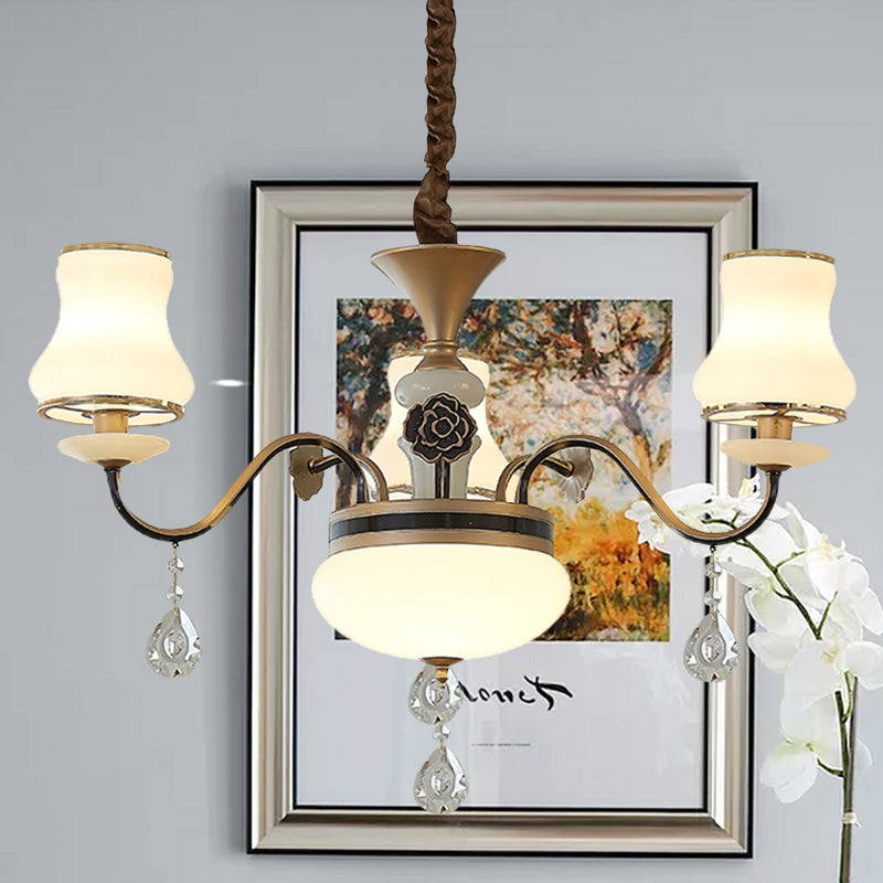 3 Lights Milk Glass Drop Lamp Retro Gold Curved Shape Restaurant Ceiling Chandelier Clearhalo 'Ceiling Lights' 'Chandeliers' 'Modern Chandeliers' 'Modern' Lighting' 1063161