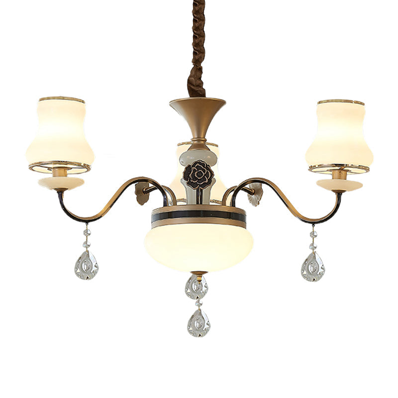 3 Lights Milk Glass Drop Lamp Retro Gold Curved Shape Restaurant Ceiling Chandelier Clearhalo 'Ceiling Lights' 'Chandeliers' 'Modern Chandeliers' 'Modern' Lighting' 1063162