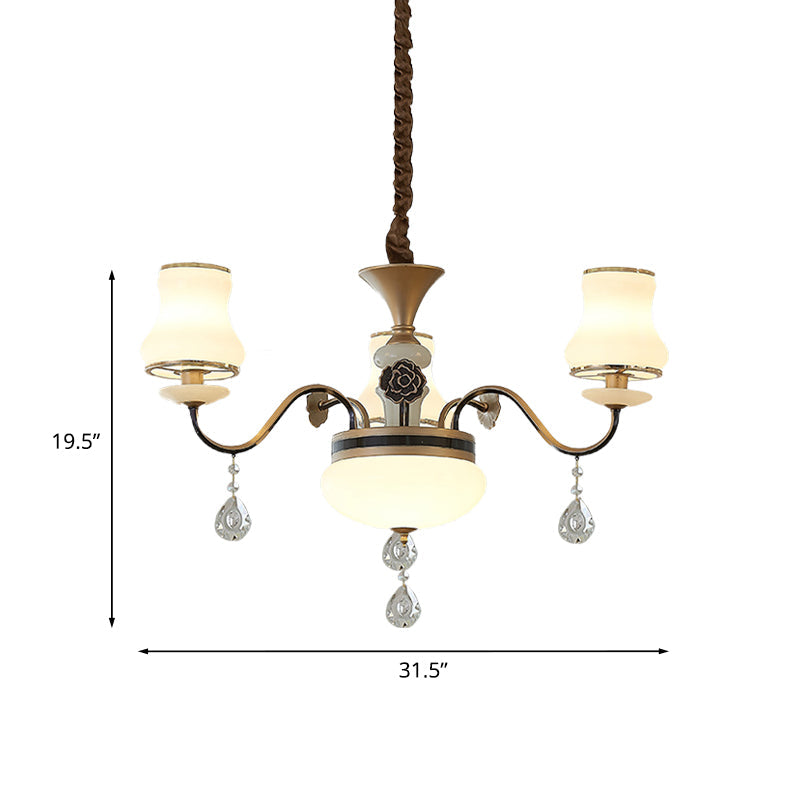 3 Lights Milk Glass Drop Lamp Retro Gold Curved Shape Restaurant Ceiling Chandelier Clearhalo 'Ceiling Lights' 'Chandeliers' 'Modern Chandeliers' 'Modern' Lighting' 1063163