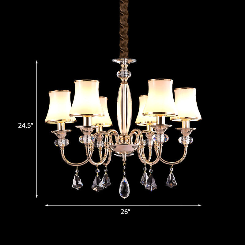 Post-Modern Flared Shade Chandelier 6 Bulbs Opaline Glass Hanging Lamp in Gold with Crystal Drop Clearhalo 'Ceiling Lights' 'Chandeliers' 'Modern Chandeliers' 'Modern' Lighting' 1063167