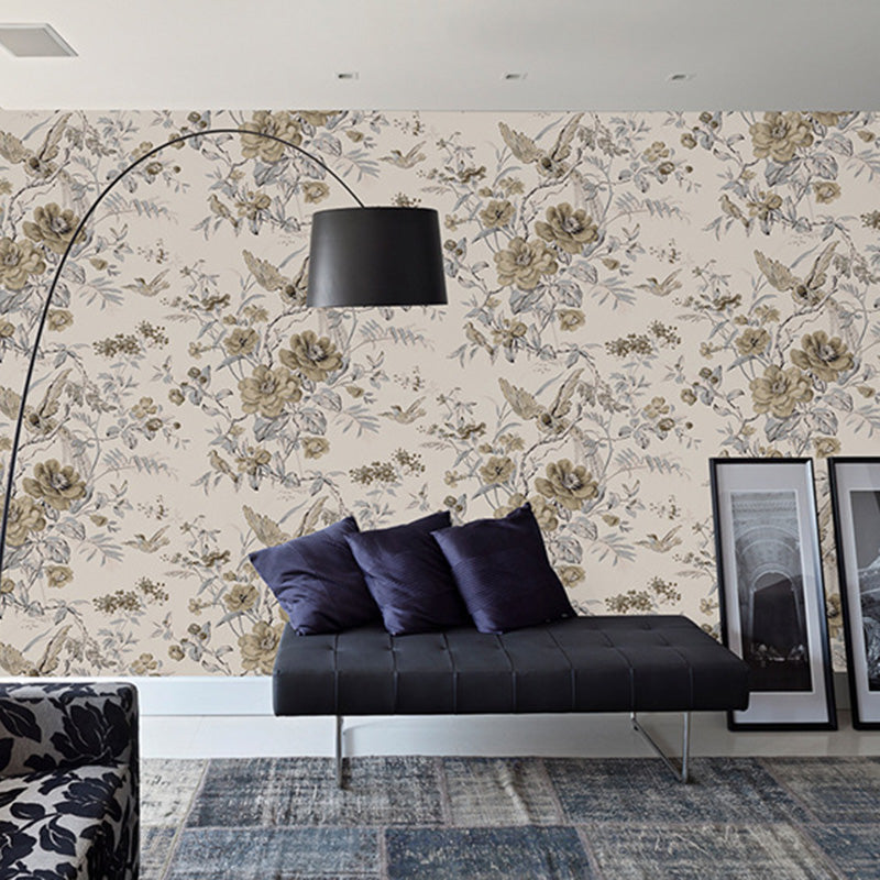 Blossoming Flower and Bird Wallpaper Roll for Accent Wall, Soft Color, 20.5"W x 33'L Beige Clearhalo 'Country wall decor' 'Rustic' 'Wallpaper' Wall Decor' 1116583