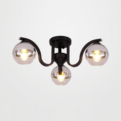Globe Shade Study Room Ceiling Light Clear Glass 3 Lights Simple Style Semi Ceiling Mount Light Black Clearhalo 'Ceiling Lights' 'Close To Ceiling Lights' 'Close to ceiling' 'Glass shade' 'Glass' 'Semi-flushmount' Lighting' 111841