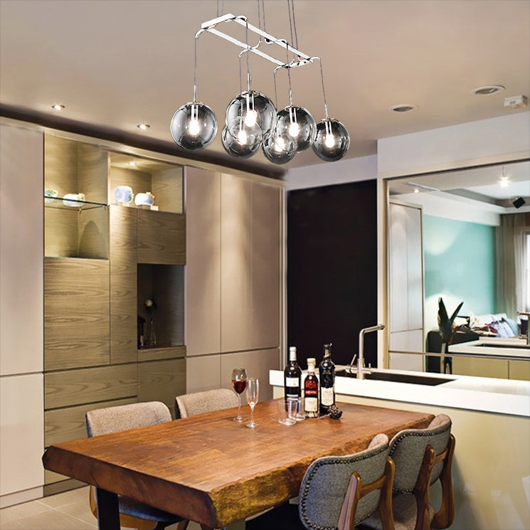 Linear Smoke Glass Island Lighting Industrial 6/8/10 Lights Nickel/Bronze Led Hanging Lamp Fixture with Ball Shade Clearhalo 'Ceiling Lights' 'Glass shade' 'Glass' 'Island Lights' Lighting' 112035