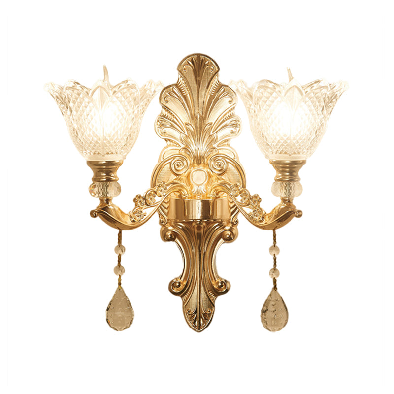 Flower Clear Latticed Glass Wall Lamp Mid-Century 1/2-Light Hallway Wall Sconce Lighting in Gold Clearhalo 'Wall Lamps & Sconces' 'Wall Lights' Lighting' 1125296
