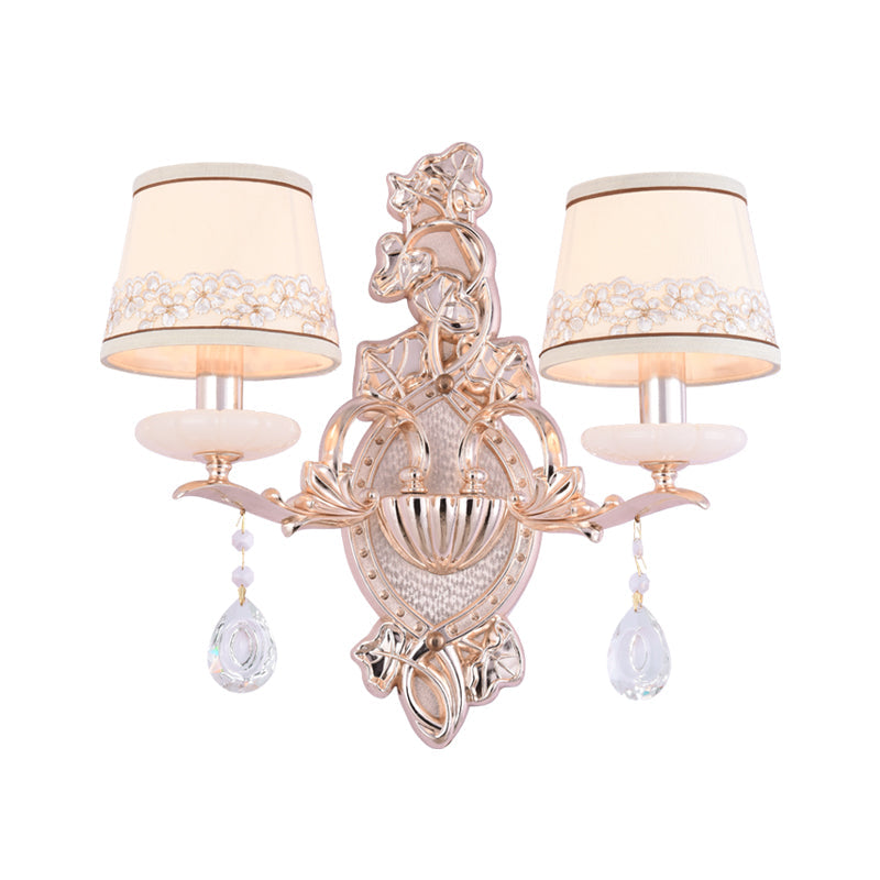 Barrel Fabric Shade Wall Mount Lamp Traditional 2 Bulbs Bedroom Candle Wall Light in Gold Clearhalo 'Wall Lamps & Sconces' 'Wall Lights' Lighting' 1125321