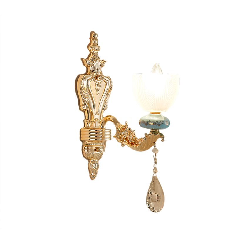 Mid-Century Cup Shape Wall Light Fixture Single Light Latticed Glass Wall Lamp Sconce in Gold Clearhalo 'Wall Lamps & Sconces' 'Wall Lights' Lighting' 1125328