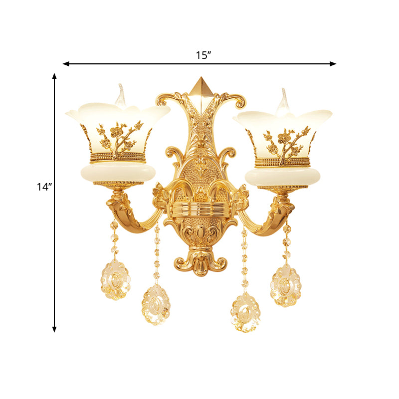 1/2-Light Frosted Glass Wall Mounted Lamp Mid-Century Gold Finish Flower Bedside Wall Light Fixture Clearhalo 'Wall Lamps & Sconces' 'Wall Lights' Lighting' 1125338