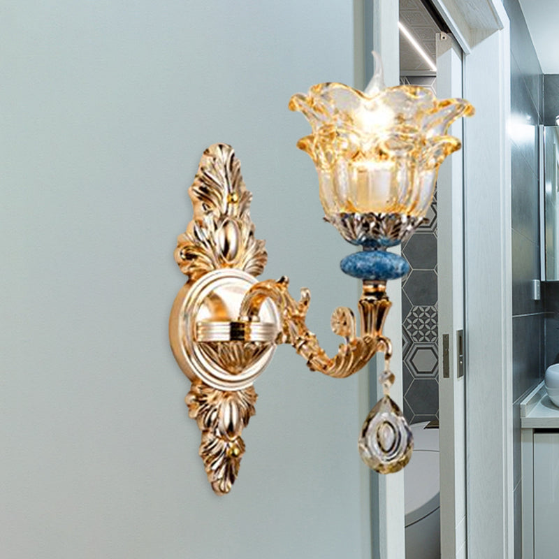 2-Layer Flower Crystal Wall Lamp Kit Traditional 1/2-Bulb Bedside Wall Mount Lighting in Gold Clearhalo 'Wall Lamps & Sconces' 'Wall Lights' Lighting' 1125389