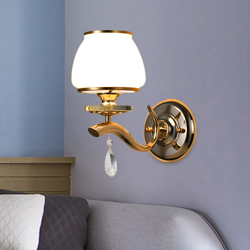1/2-Bulb Tapered Wall Light Fixture Postmodern White Glass Wall Sconce Lighting with Crystal Drop 1.0 White Clearhalo 'Modern wall lights' 'Modern' 'Wall Lamps & Sconces' 'Wall Lights' Lighting' 1125428
