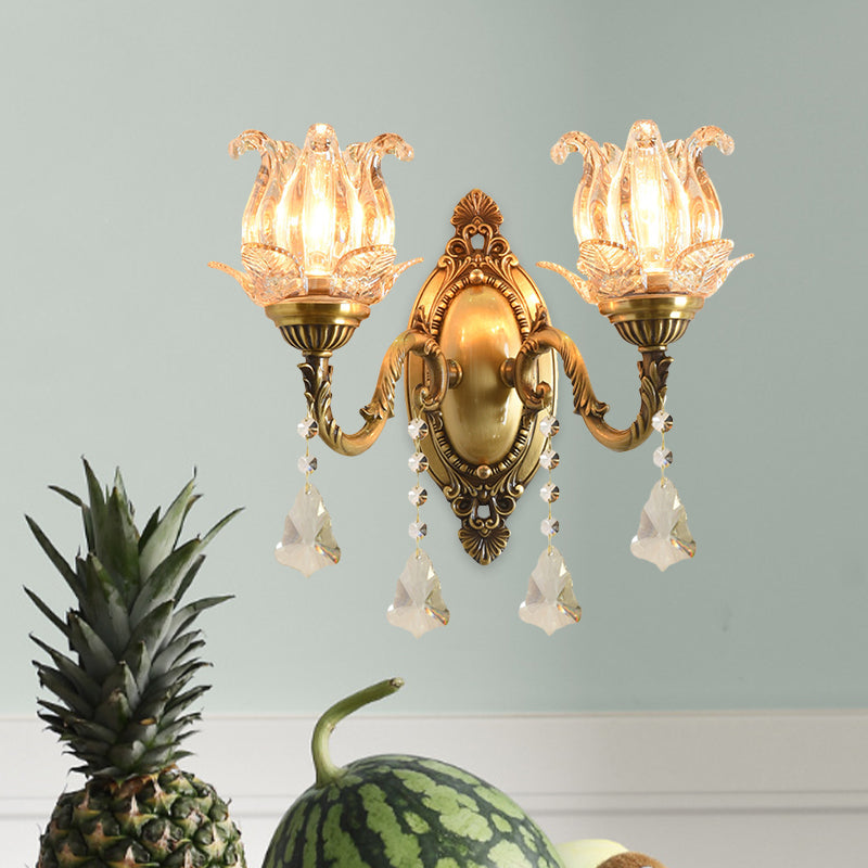 Traditional Semi-Open Flower Sconce 1/2-Light Clear Glass Wall Mount Lighting in Brass Clearhalo 'Wall Lamps & Sconces' 'Wall Lights' Lighting' 1125502