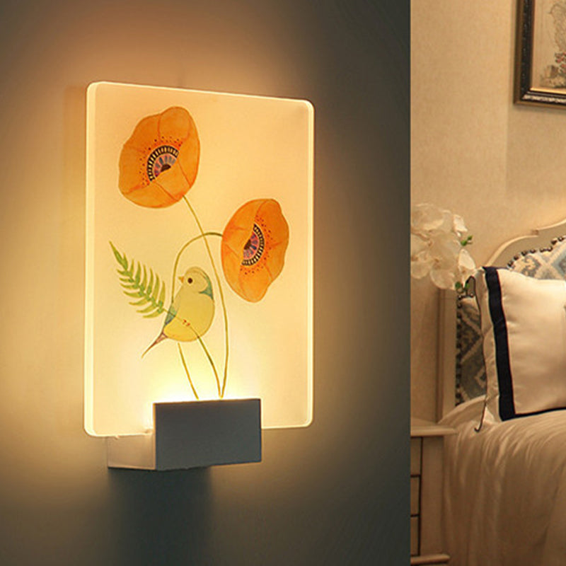 Corner LED Mural Lighting Modern White Wall Mounted Lamp with Flower/Bird Patterned Acrylic Shade White Flower Clearhalo 'Cast Iron' 'Glass' 'Industrial' 'Modern wall lights' 'Modern' 'Tiffany' 'Traditional wall lights' 'Wall Lamps & Sconces' 'Wall Lights' Lighting' 1126429