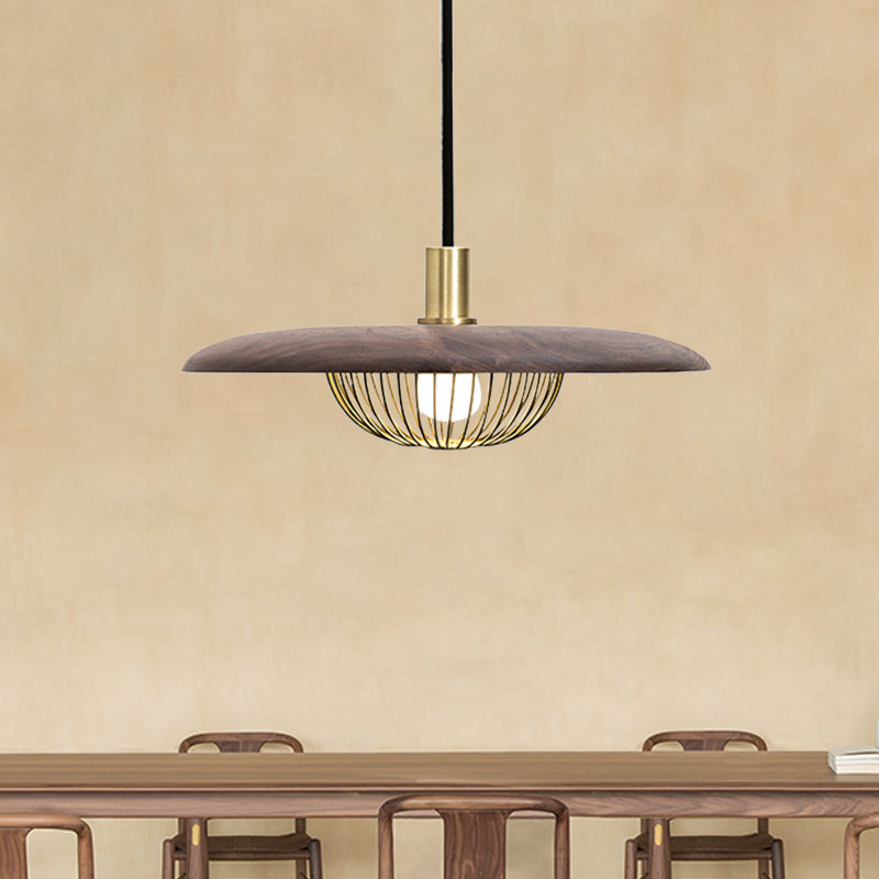 Iron Wire Domed Pendant Light with Wooden Shade Cloth Shop 1 Light Modern Suspension Light Dark Wood Clearhalo 'Ceiling Lights' 'Modern Pendants' 'Modern' 'Pendant Lights' 'Pendants' Lighting' 1127721