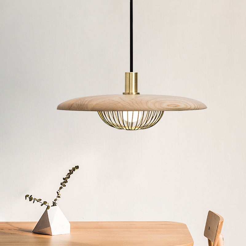 Iron Wire Domed Pendant Light with Wooden Shade Cloth Shop 1 Light Modern Suspension Light Light Wood Clearhalo 'Ceiling Lights' 'Modern Pendants' 'Modern' 'Pendant Lights' 'Pendants' Lighting' 1127726