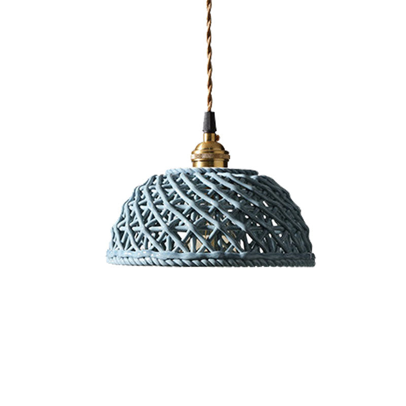 Nordic Grid Dome Hanging Lamp 6.5"/8" Wide Single Bulb Ceramics Pendant Light for Dining Room Corridor - White Clearhalo 'Ceiling Lights' 'Modern Pendants' 'Modern' 'Pendant Lights' 'Pendants' Lighting' 1127950