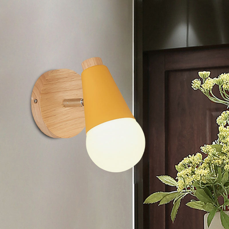 Macaron Loft Sweet Cone Wall Light with Metal/Wood Backplate Rotatable Single Light Wall Lamp in Blue/Green/Pink for Corridor Clearhalo 'Cast Iron' 'Glass' 'Industrial' 'Modern wall lights' 'Modern' 'Tiffany' 'Traditional wall lights' 'Wall Lamps & Sconces' 'Wall Lights' Lighting' 1127988