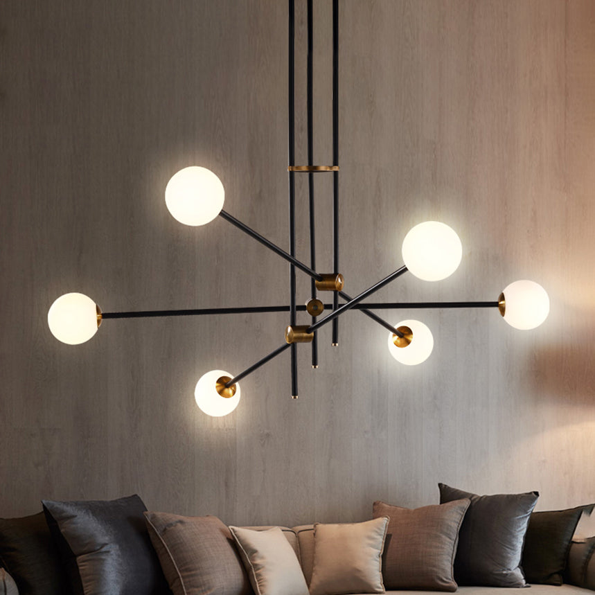 Modernist Exposed Ceiling Lamp Metallic 2/3 Lights Living Room Black Pendant Lighting with Opal Glass Ball Shade 6 Black Clearhalo 'Ceiling Lights' 'Chandeliers' 'Modern Chandeliers' 'Modern' Lighting' 113023
