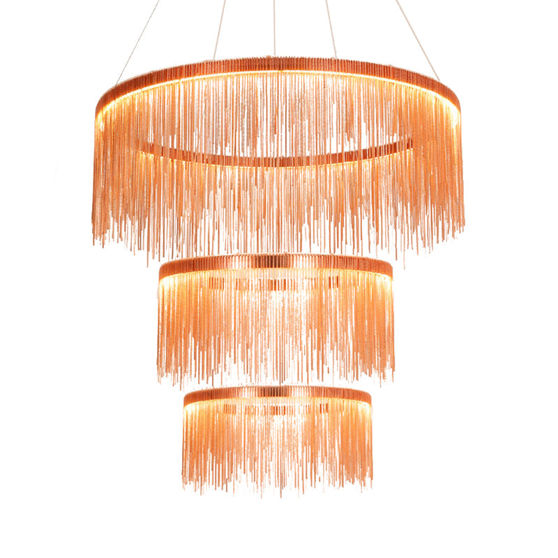 Multi Tiers Ceiling Lamp with Tassel Contemporary Metal 1/2/3 Heads Rose Gold Chandelier Light for Living Room 3 Rose Gold Clearhalo 'Ceiling Lights' 'Chandeliers' 'Modern Chandeliers' 'Modern' Lighting' 113378