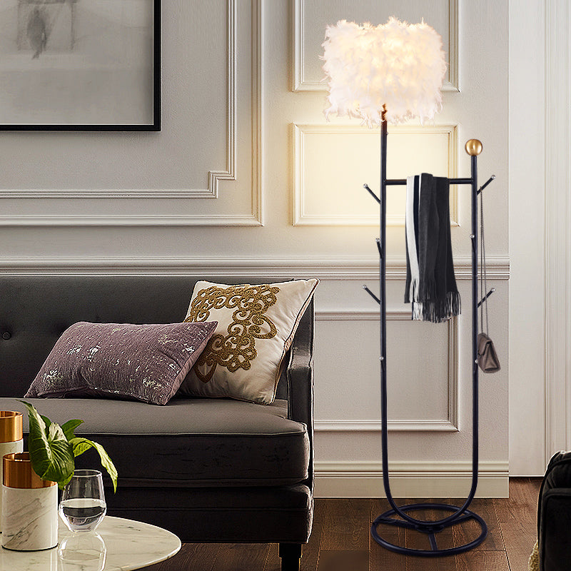 U-Shape Metallic Tree Floor Lighting Simplicity 1 Light Black/Gold Finish Stand Up Lamp with Feather Shade Clearhalo 'Floor Lamps' 'Lamps' Lighting' 1135843