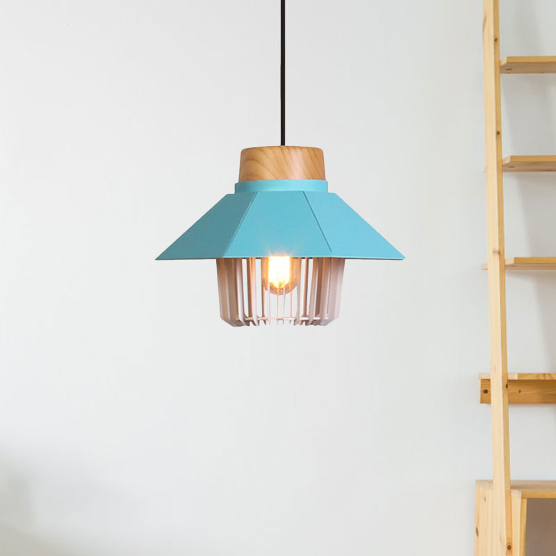 Modernism Conical Ceiling Pendant with Cage Shade 1 Light Metallic Pendant Lighting in Black/Blue for Bedroom Clearhalo 'Art Deco Pendants' 'Black' 'Cast Iron' 'Ceiling Lights' 'Ceramic' 'Crystal' 'Industrial Pendants' 'Industrial' 'Metal' 'Middle Century Pendants' 'Pendant Lights' 'Pendants' 'Rustic Pendants' 'Tiffany' Lighting' 1135954