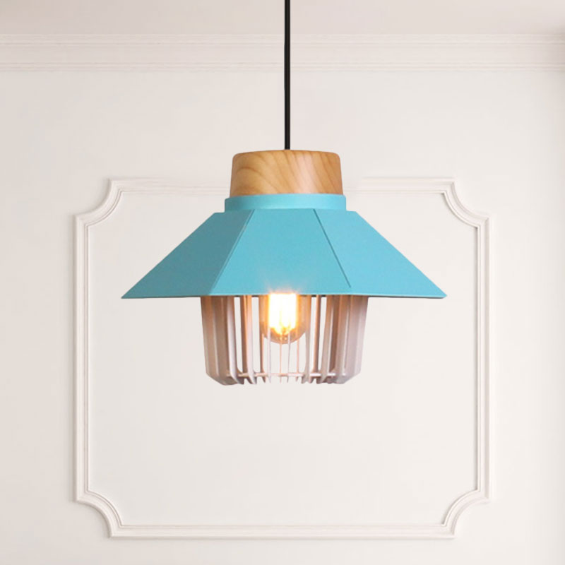 Modernism Conical Ceiling Pendant with Cage Shade 1 Light Metallic Pendant Lighting in Black/Blue for Bedroom Clearhalo 'Art Deco Pendants' 'Black' 'Cast Iron' 'Ceiling Lights' 'Ceramic' 'Crystal' 'Industrial Pendants' 'Industrial' 'Metal' 'Middle Century Pendants' 'Pendant Lights' 'Pendants' 'Rustic Pendants' 'Tiffany' Lighting' 1135955