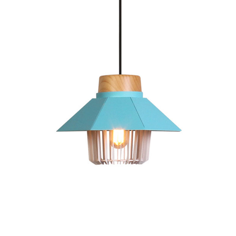 Modernism Conical Ceiling Pendant with Cage Shade 1 Light Metallic Pendant Lighting in Black/Blue for Bedroom Clearhalo 'Art Deco Pendants' 'Black' 'Cast Iron' 'Ceiling Lights' 'Ceramic' 'Crystal' 'Industrial Pendants' 'Industrial' 'Metal' 'Middle Century Pendants' 'Pendant Lights' 'Pendants' 'Rustic Pendants' 'Tiffany' Lighting' 1135956