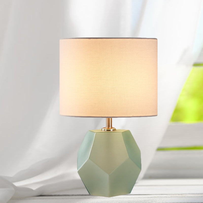 Single-Bulb 3D Hexagon Table Lamp Modern Grey/Pink/Yellow Glass Night Light with Drum Fabric Shade Clearhalo 'Lamps' 'Table Lamps' Lighting' 1136066