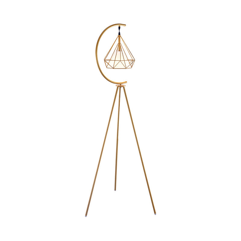 Black/Gold Finish Diamond Cage Floor Light Modernist 1 Light Metal Tri-Leg Standing Floor Lamp Clearhalo 'Floor Lamps' 'Lamps' Lighting' 1136272
