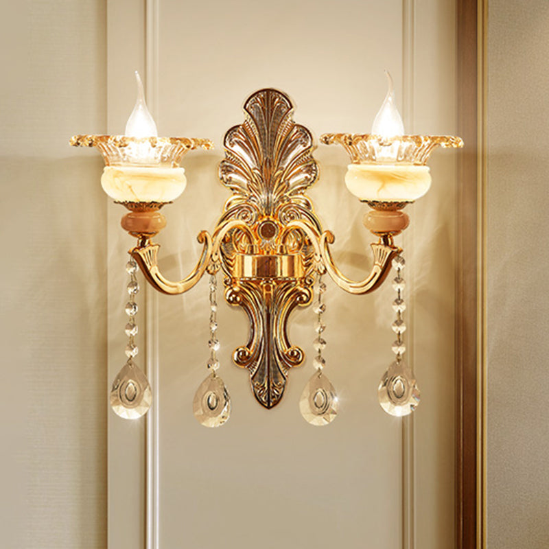 1/2-Head Wall Sconce Mid-Century Floral Crystal Wall Lighting Idea in Gold for Bedside Clearhalo 'Wall Lamps & Sconces' 'Wall Lights' Lighting' 1136290