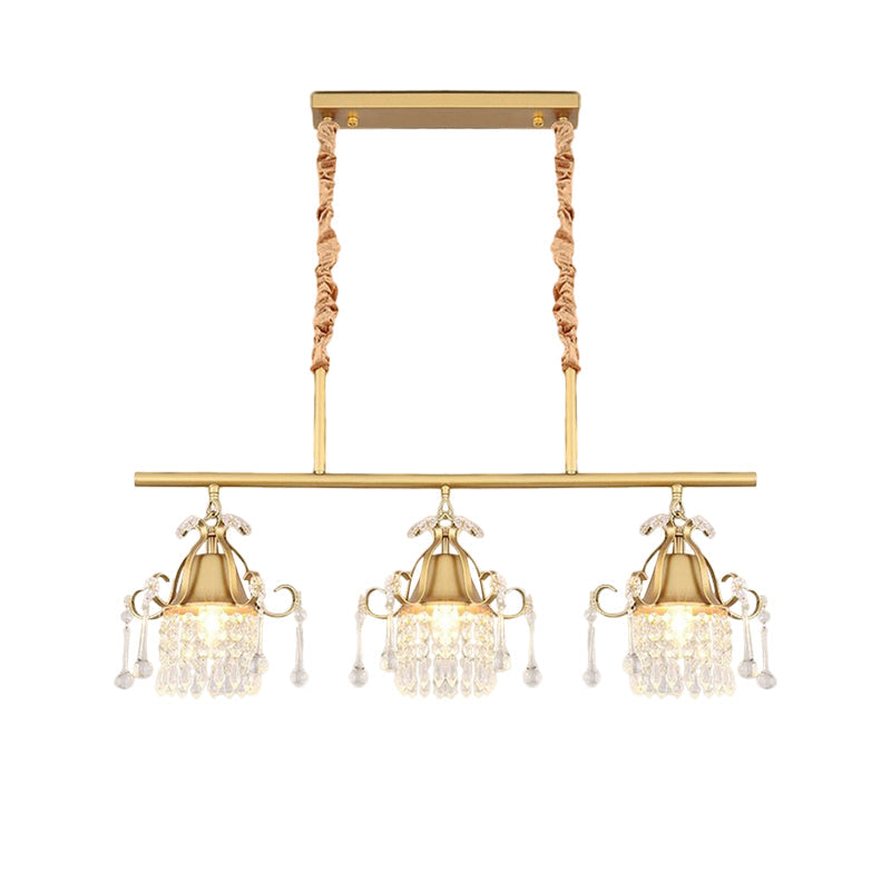 Gold Cylinder Island Pendant Light Postmodern 3 Heads Crystal Teardrop Hanging Ceiling Lamp Clearhalo 'Ceiling Lights' 'Island Lights' Lighting' 1136307