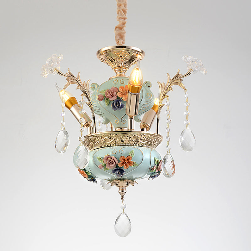 Ceramics Candelabra Suspension Lamp Contemporary 3 Bulbs Dining Room Hanging Chandelier in Blue with Crystal Accent Clearhalo 'Ceiling Lights' 'Chandeliers' 'Modern Chandeliers' 'Modern' Lighting' 1136365