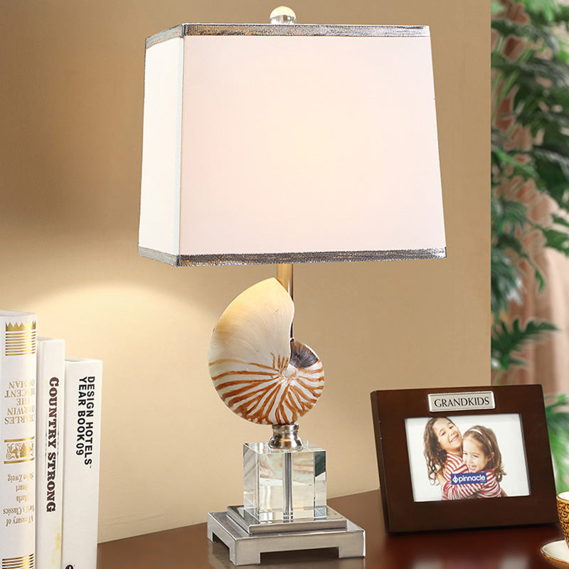 White 1 Head Night Table Light Rural Fabric Cuboid Nightstand Lamp with Decorative Nautilus Shell White Clearhalo 'Lamps' 'Table Lamps' Lighting' 1136422