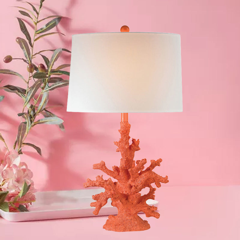 Resin Green/Red Table Lighting Coral 1 Bulb Countryside Night Stand Lamp with Drum Fabric Shade Clearhalo 'Lamps' 'Table Lamps' Lighting' 1136473