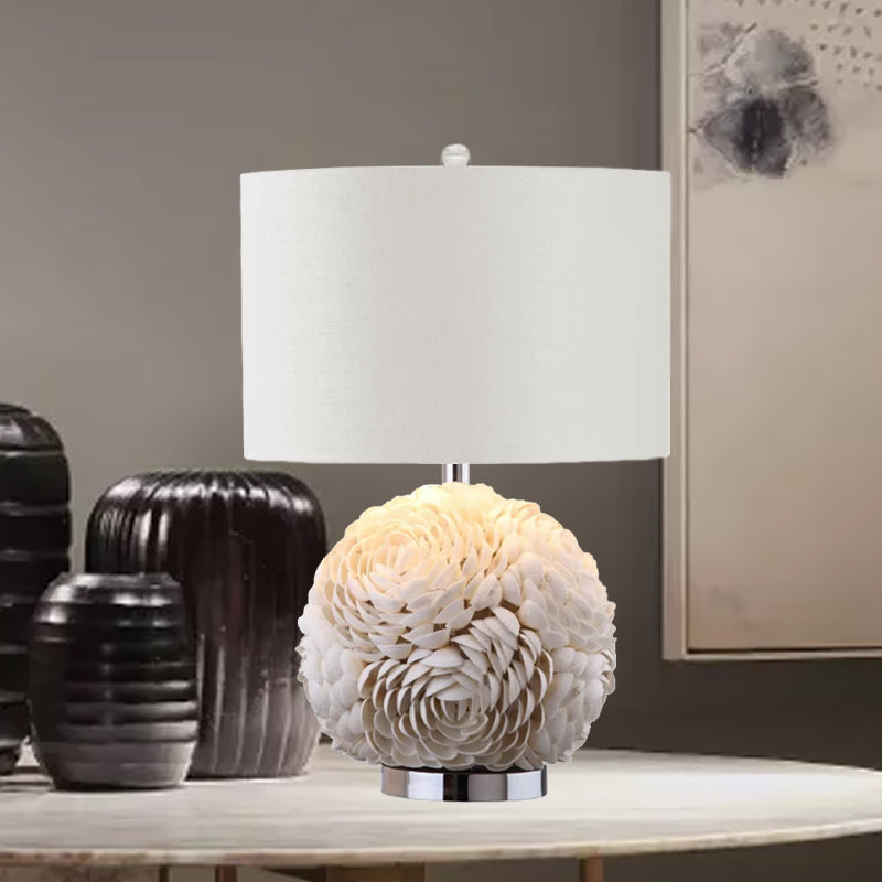 Rose Globe Kitchen Table Lighting Rural Shell 1-Light White Nightstand Lamp with Drum Shade White Clearhalo 'Lamps' 'Table Lamps' Lighting' 1136525