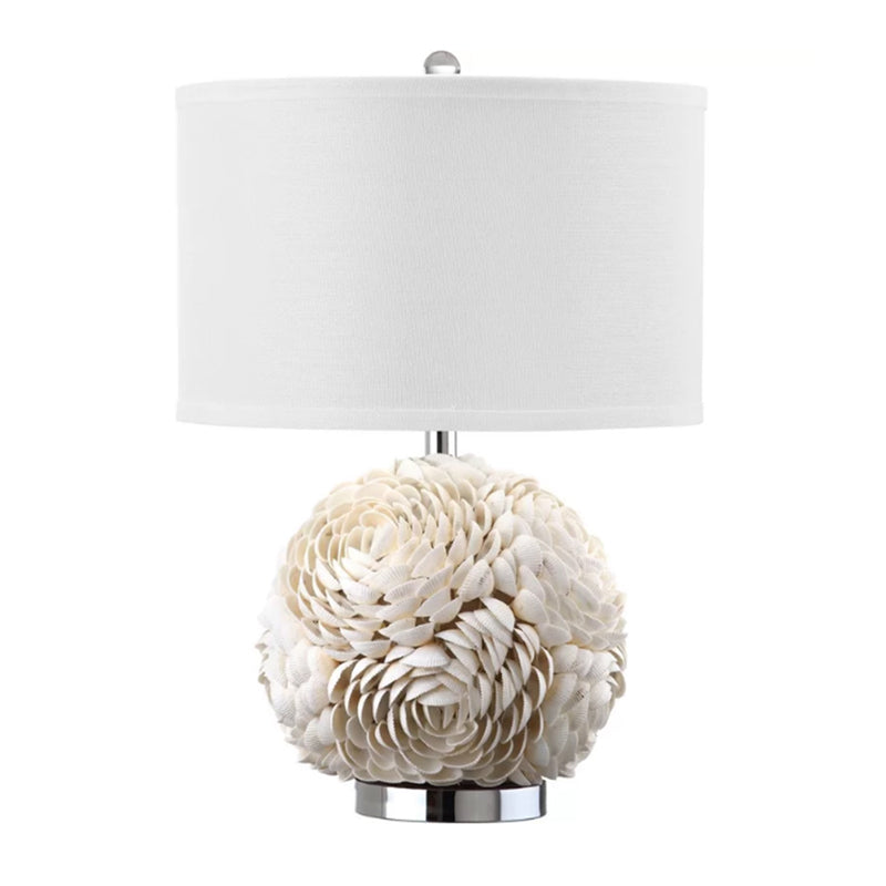 Rose Globe Kitchen Table Lighting Rural Shell 1-Light White Nightstand Lamp with Drum Shade Clearhalo 'Lamps' 'Table Lamps' Lighting' 1136527