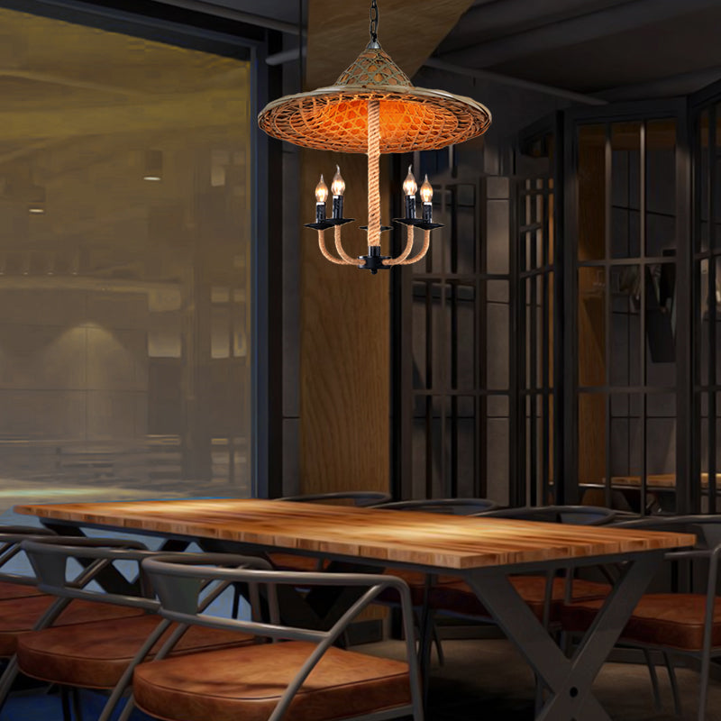 Candle Chandelier Lighting with Hat Design Lodge Style Rattan 5 Lights Beige Hanging Lamp for Dining Room Beige Clearhalo 'Ceiling Lights' 'Chandeliers' Lighting' options 114047_b7419ab1-0c6d-46bd-b535-d06dfefee8f1