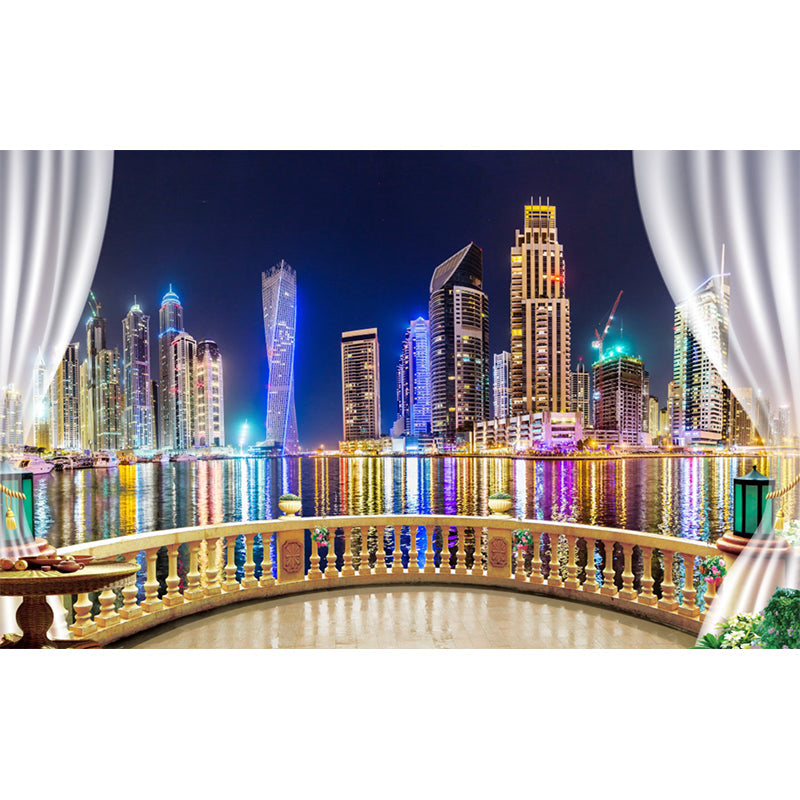 Big Photo Simple Wall Mural Decal for Meeting Room Decor with Over Balcony Scene Design in Yellow and Blue Clearhalo 'Wall Decor' 'Wall Mural' 1151594