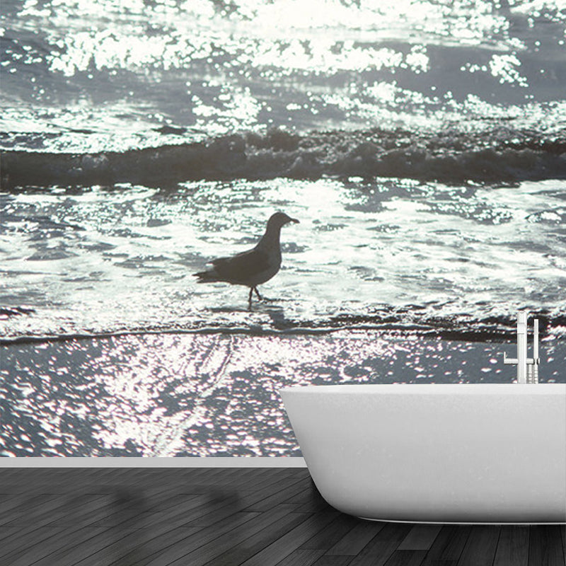Full Size Seascapes Murals Living Room Bird Walking On Beach Wall Decor in Grey-White, Water-Proof Clearhalo 'Wall Decor' 'Wall Mural' 1154363