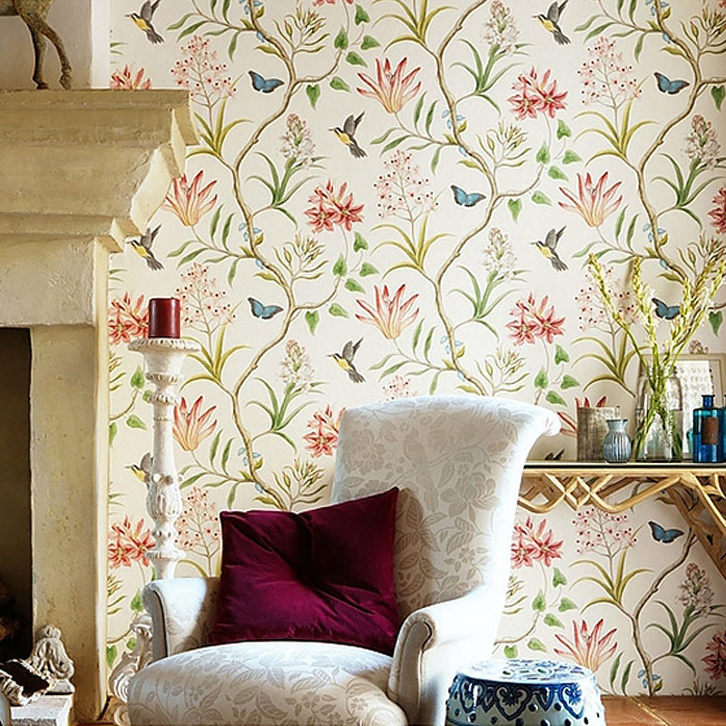 Adhesive Flower and Bird Wallpaper Non-Woven Rustic Wall Covering for Accent Wall, Removable Beige Clearhalo 'Country wall decor' 'Rustic' 'Wallpaper' Wall Decor' 1170571