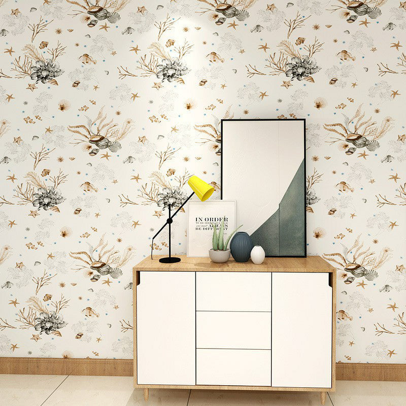 Sea Life Nautical Wallpaper Novelty Non-Woven Material Wall Decor in Pastel Color Beige Clearhalo 'Wall Decor' 'Wallpaper' 1170687