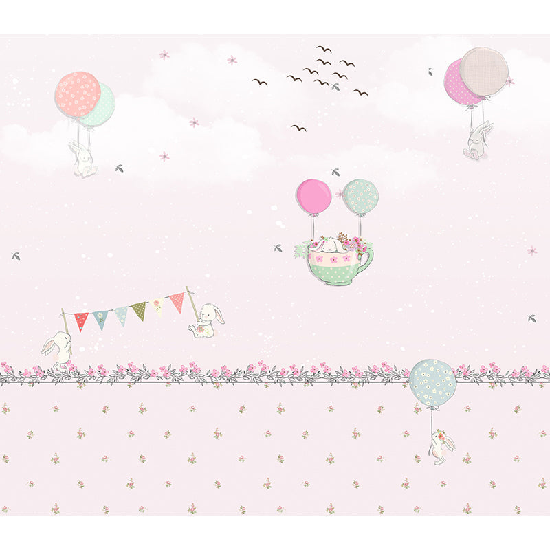 Pastel Color Cartoon Wallpaper Mural Full Size Rabbits Balloon Trip Pattern Wall Art for Nursery Clearhalo 'Wall Decor' 'Wall Mural' 1171745