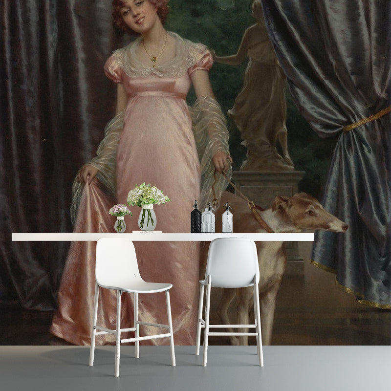 Mid-Century Dog and Girl Mural for Dining Room, Custom Size Wall Decor in Pink and Grey Clearhalo 'Wall Decor' 'Wall Mural' 1172039