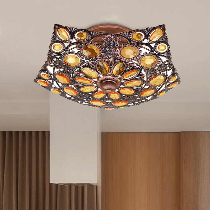 Metal Shade Brass Flushmount Lighting Hollow 3 Heads Bohemian Ceiling Mount for Hotel Clearhalo 'Ceiling Lights' 'Close To Ceiling Lights' 'Close to ceiling' 'Flush mount' Lighting' 1174227
