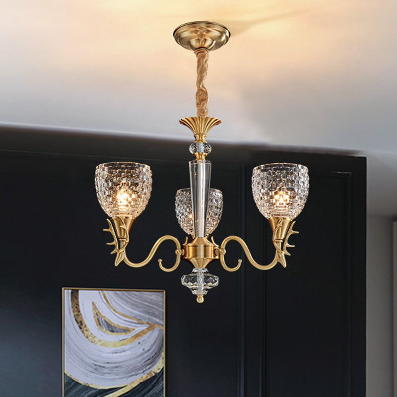 Bell Dining Room Up Chandelier Modern Gridded K9 Crystal 3 Lights Brass Hanging Pendant Clearhalo 'Ceiling Lights' 'Chandeliers' 'Modern Chandeliers' 'Modern' Lighting' 1174352