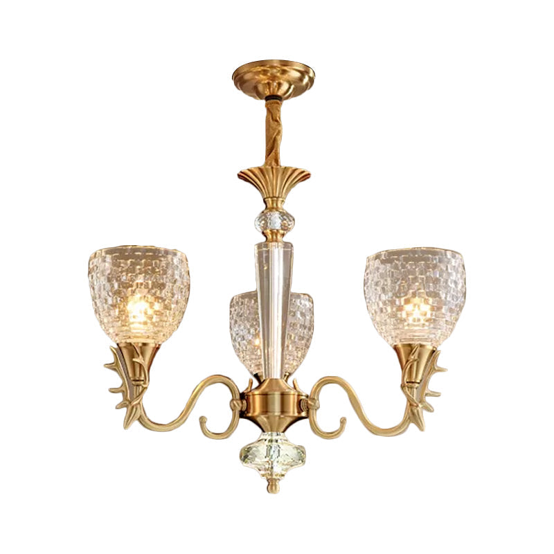 Bell Dining Room Up Chandelier Modern Gridded K9 Crystal 3 Lights Brass Hanging Pendant Clearhalo 'Ceiling Lights' 'Chandeliers' 'Modern Chandeliers' 'Modern' Lighting' 1174353