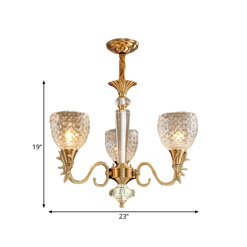 Bell Dining Room Up Chandelier Modern Gridded K9 Crystal 3 Lights Brass Hanging Pendant Clearhalo 'Ceiling Lights' 'Chandeliers' 'Modern Chandeliers' 'Modern' Lighting' 1174355
