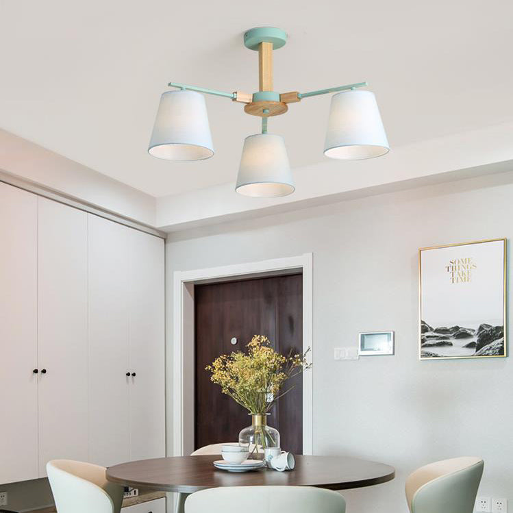 Living Room Tapered Shade Chandelier Lighting Fabric 3/6 Heads Modern Wood Ceiling Pendant Light Clearhalo 'Carpenter Chandeliers' 'Ceiling Lights' 'Chandeliers' 'Industrial' 'Modern Chandeliers' 'Modern' Lighting' 117539