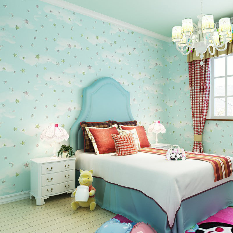 Non-Woven Unpasted Wall Covering Moon and Star Kids Bedroom Wallpaper, 31' L x 20.5" W Light Blue Clearhalo 'Wall Decor' 'Wallpaper' 1177944