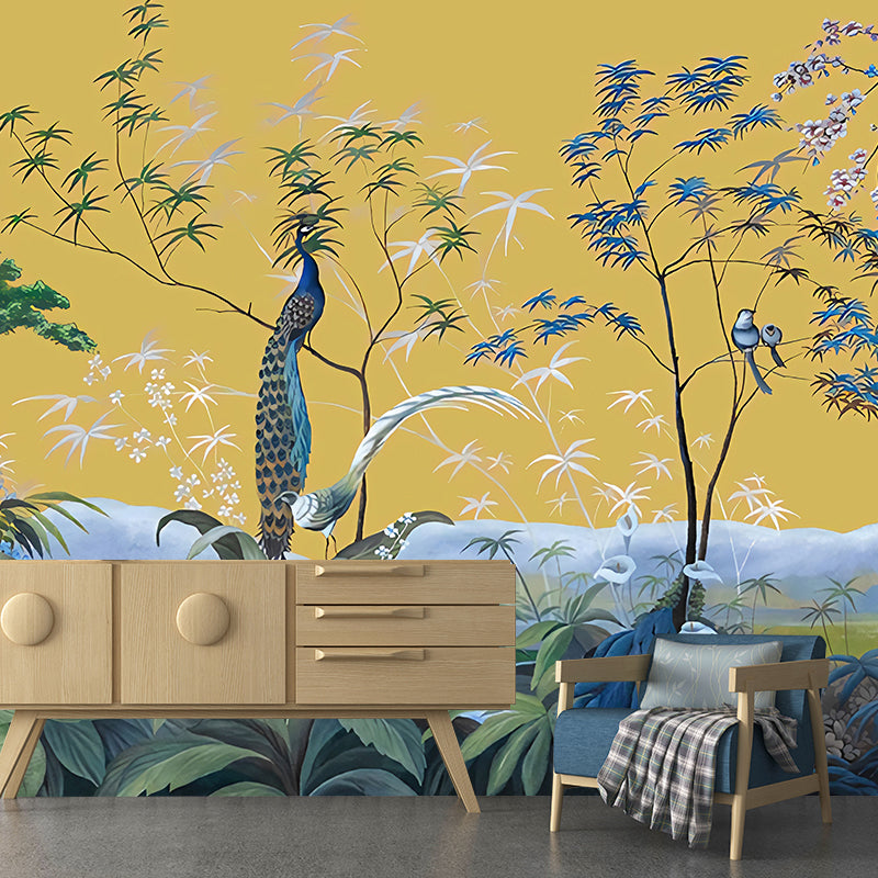 Illustration Peacock Wall Paper Murals for Bedroom, Pastel Color, Personalized Size Clearhalo 'Wall Decor' 'Wall Mural' 1180929