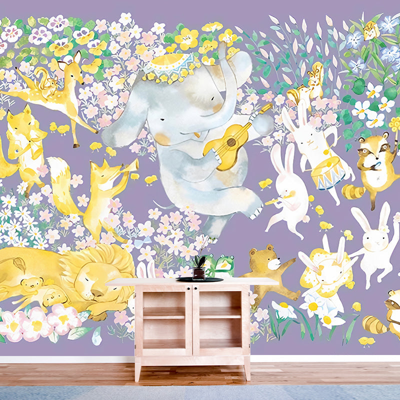 Cartoon Animal Orchestra Wall Murals Childrens Art Smooth Wall Decoration in Purple Clearhalo 'Wall Decor' 'Wall Mural' 1180943