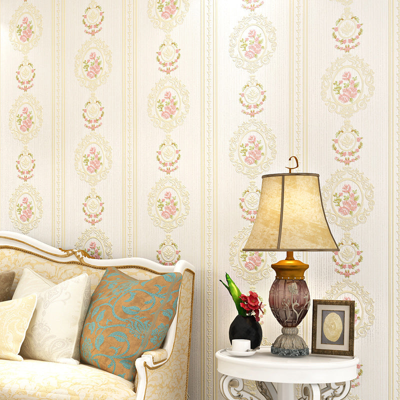 Unpasted Wallpaper Roll Rustic Non-Woven Wall Decor with Stripe and Peony Pattern, 57.1-sq ft Beige Clearhalo 'Country wall decor' 'Rustic' 'Wallpaper' Wall Decor' 1184457